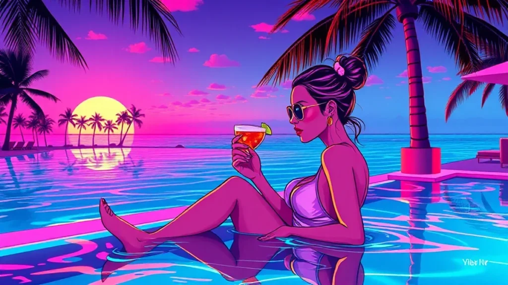 A woman enjoying a luxury all-inclusive vacation at a tropical resort swim-up pool.