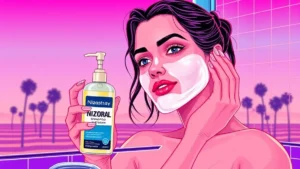 A young adult woman using Nizoral shampoo as a face mask to treat skin breakouts.
