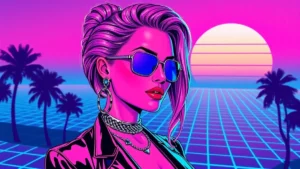 Stylized retro illustration of a resilient woman surrounded by glowing pink holographic flowers.