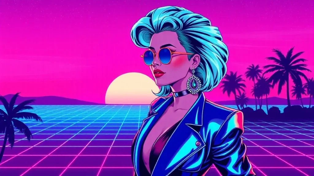 Stylized retro illustration of Wanda Sykes in a vibrant neon vaporwave setting.