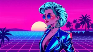 Stylized retro illustration of Wanda Sykes in a vibrant neon vaporwave setting.