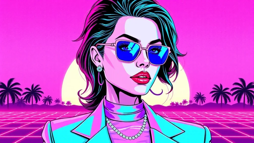 Stylized retro illustration of a woman interacting with glowing holographic timeline symbols.