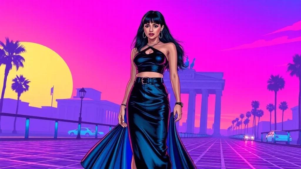 Zendaya wearing a black leather cropped top and low-rise skirt with a long train in Berlin.