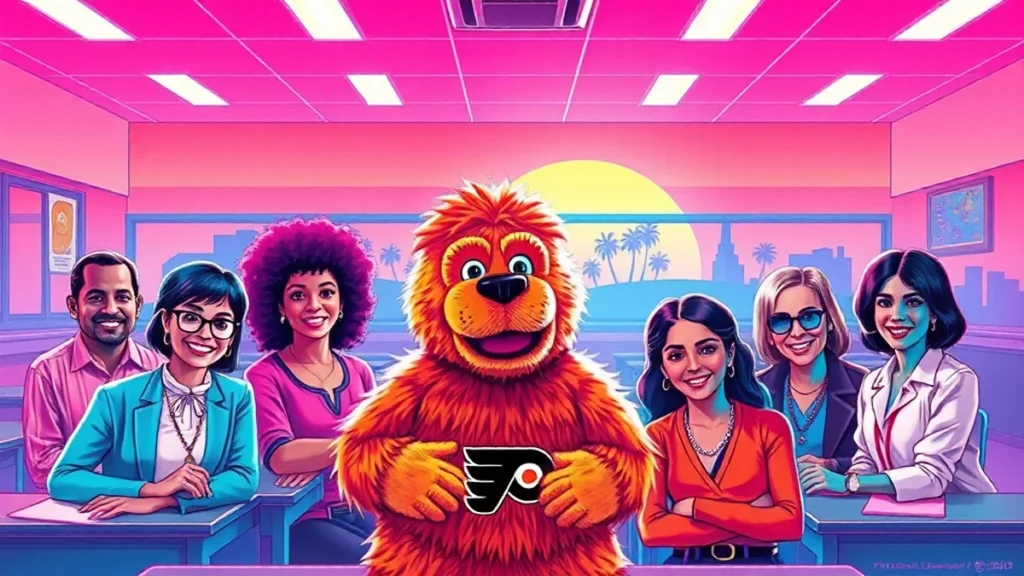Teachers in an elementary school classroom celebrating with the Philadelphia Flyers mascot Gritty.