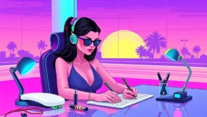 A woman using colorful and cute functional stationery and tech accessories at her organized desk.