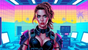 An adult woman in tactical sci-fi clothing standing in a high-tech laboratory environment.