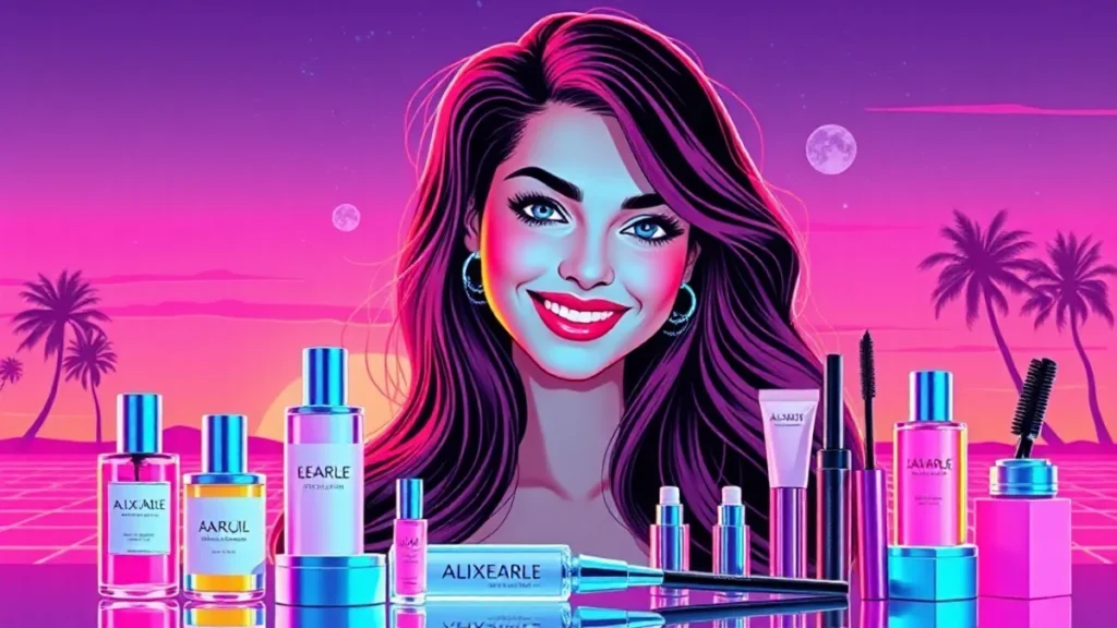 A beautiful woman posing with a collection of luxury skincare and makeup products.