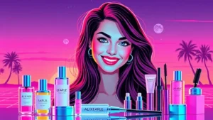 A beautiful woman posing with a collection of luxury skincare and makeup products.