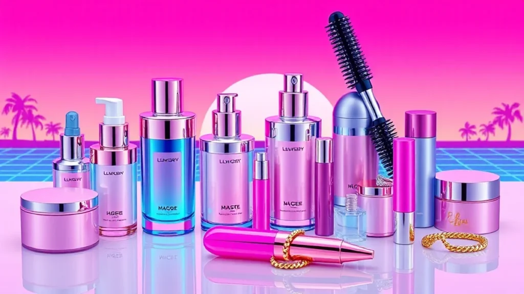 An assortment of premium skincare, hair tools, and gold accessories on a bright background.