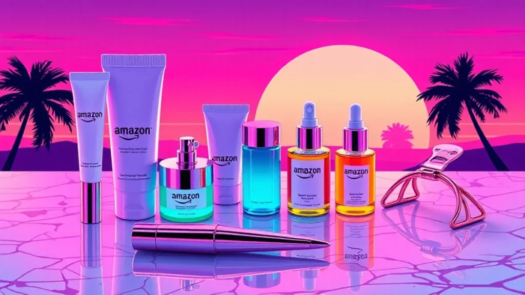 A collection of affordable beauty products like lip oil and skincare sticks on a marble tabletop.