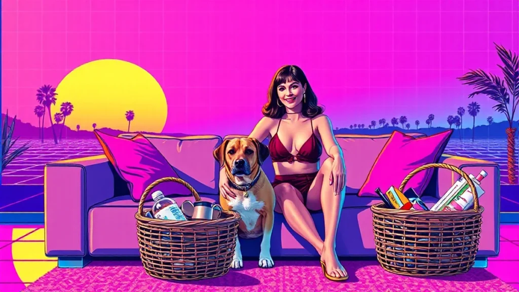 A happy woman relaxing on a couch with her dog and organized pet accessories.