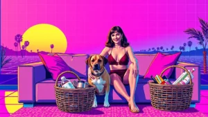 A happy woman relaxing on a couch with her dog and organized pet accessories.