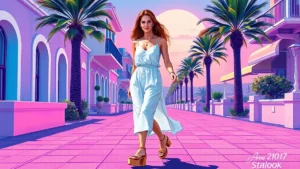 Anne Hathaway wearing a white summer dress and chunky platform sandals in Saint Tropez.