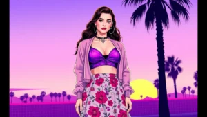 Anya Taylor-Joy wearing a purple Balmain bra and floral skirt for a minimalist summer fashion look.