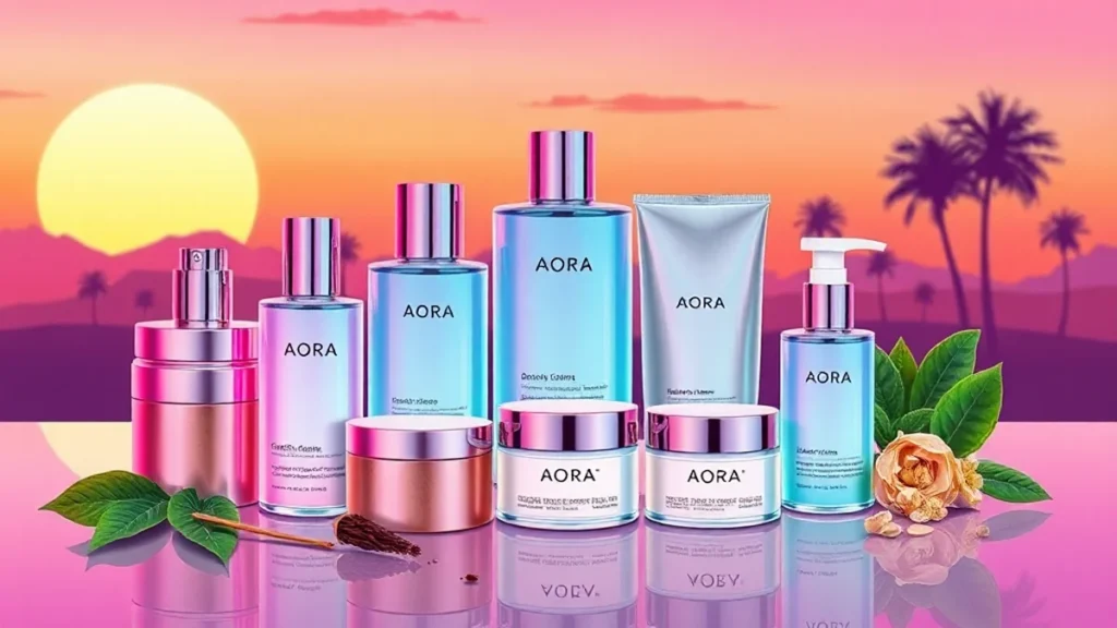 AORA plastic-free beauty products in metal and wood packaging with natural botanical elements.