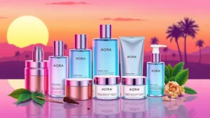 AORA plastic-free beauty products in metal and wood packaging with natural botanical elements.
