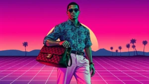A fashionable man wearing streetwear and carrying a large brown leather Chanel luxury bag.
