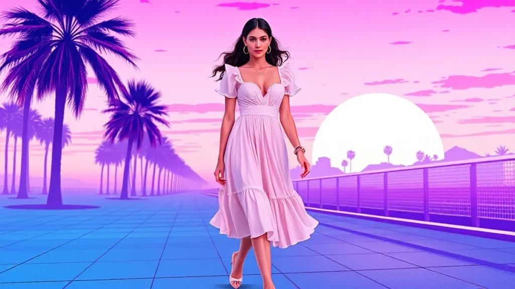 A woman wearing a white ruffled babydoll dress and pink lace mules walking outside.