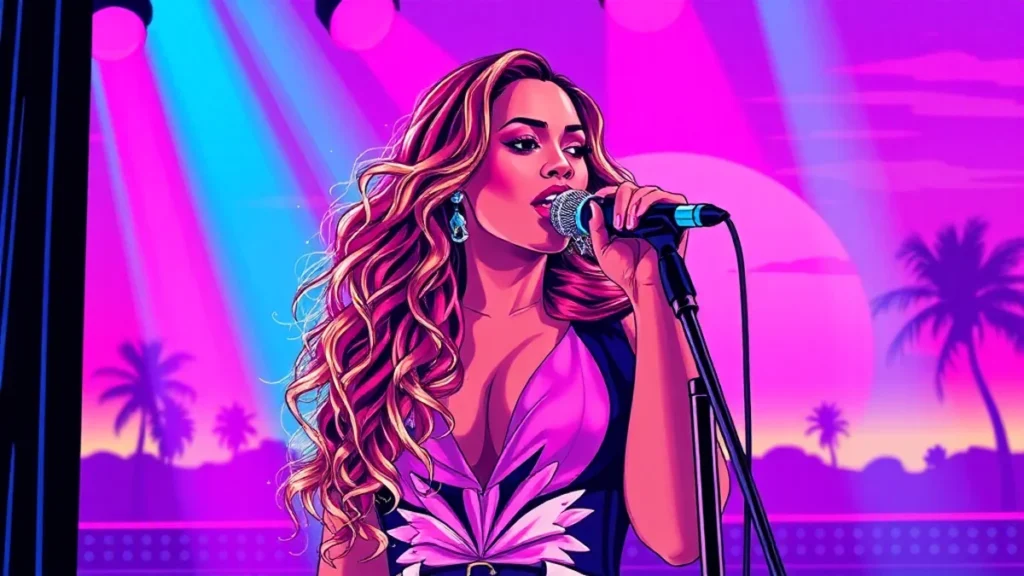 A stylish woman singing passionately into a microphone during a live musical performance.