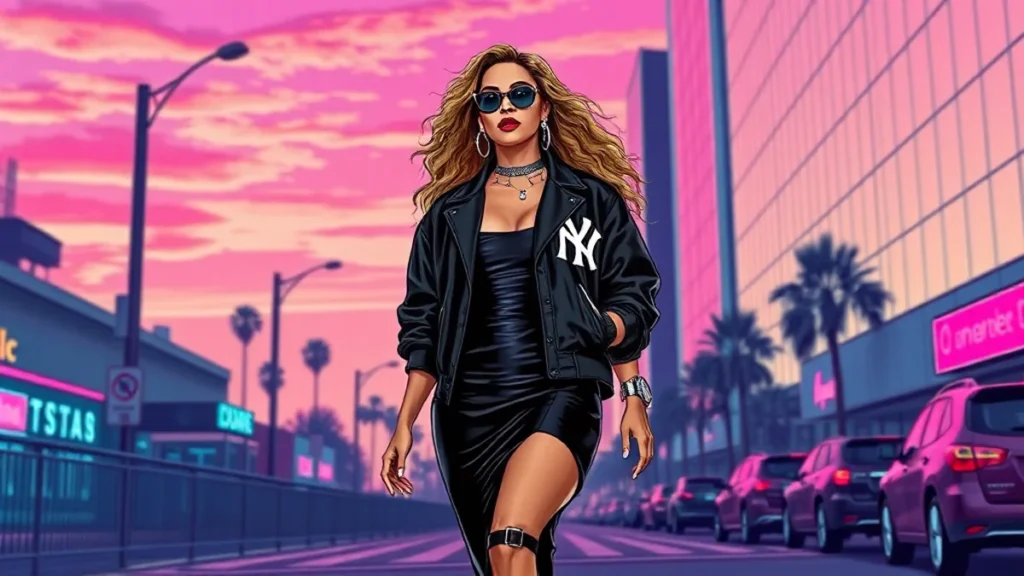 Beyoncé wearing Jay-Z anniversary merchandise and a black dress in New York City.