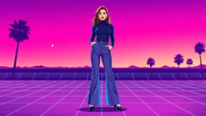 Adult woman wearing flared bell-bottom pants, a black turtleneck, and platform shoes.