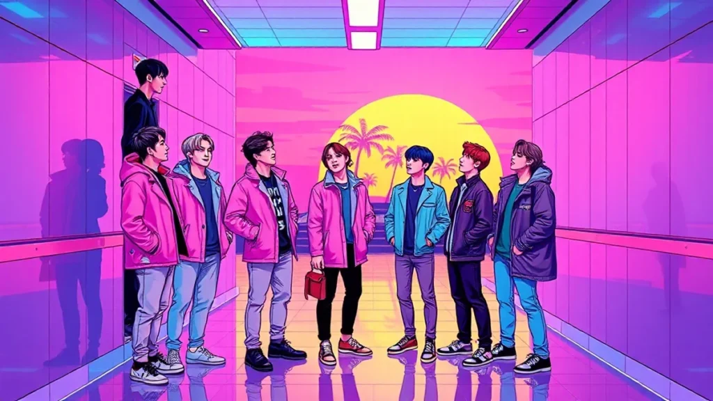 BTS members and IShowSpeed laughing together backstage at the FIFA World Cup final.