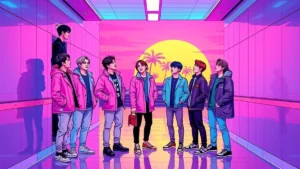BTS members and IShowSpeed laughing together backstage at the FIFA World Cup final.