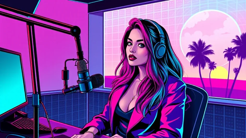 A confident woman speaking into a microphone during a professional podcast recording session.