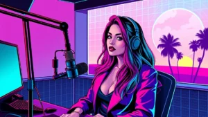 A confident woman speaking into a microphone during a professional podcast recording session.