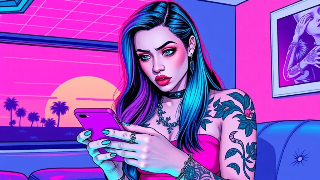 A stylish tattooed woman looking at unhinged social media direct messages on her smartphone.