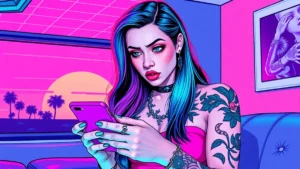 A stylish tattooed woman looking at unhinged social media direct messages on her smartphone.