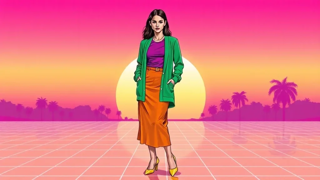 A fashionable woman wearing a vibrant purple, green, orange, and yellow maximalist outfit.