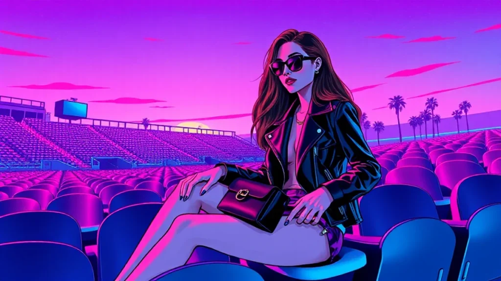 A fashionable woman wearing a leather jacket and silk shorts sitting in stadium stands.