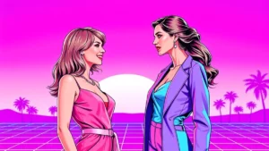 A portrait of two stylish adult women sharing a friendly moment together.