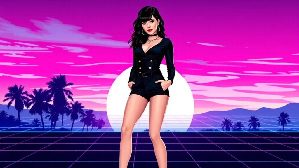 Charli XCX wearing a black asymmetric top and micro shorts with gold button details.