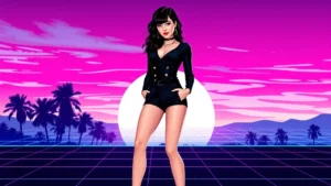 Charli XCX wearing a black asymmetric top and micro shorts with gold button details.