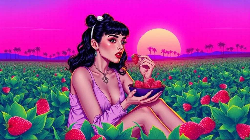 A stylish woman eating fresh strawberries while sitting in a grassy summer field.