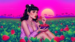 A stylish woman eating fresh strawberries while sitting in a grassy summer field.