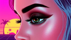 Close up of an adult woman wearing smudged brown eyeshadow and shimmering eyelid highlights.