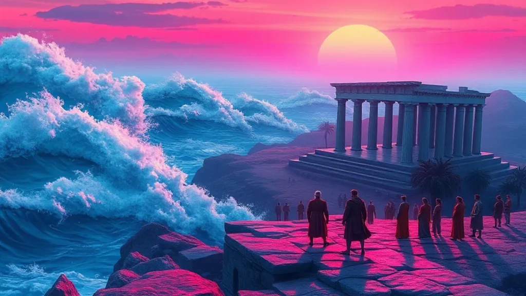 Cinematic view of a Greek mythological landscape with actors in ancient attire.