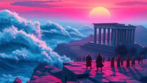 Cinematic view of a Greek mythological landscape with actors in ancient attire.