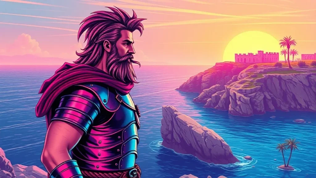 An epic cinematic view of a rocky Mediterranean coastline with ancient ruins and blue ocean waves.