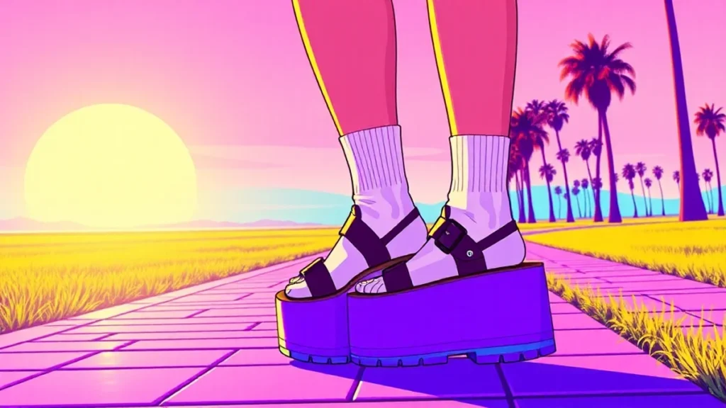 Close up of a woman wearing trendy chunky platform sandals and white socks outdoors.