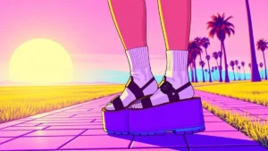Close up of a woman wearing trendy chunky platform sandals and white socks outdoors.
