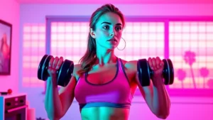 An adult woman performing a dumbbell workout to build muscle through high intensity training.