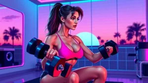 An athletic woman performing a weighted squat workout using heavy dumbbells for strength training.