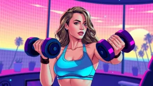 A woman performing a focused ten minute dumbbell workout to build muscle at home.