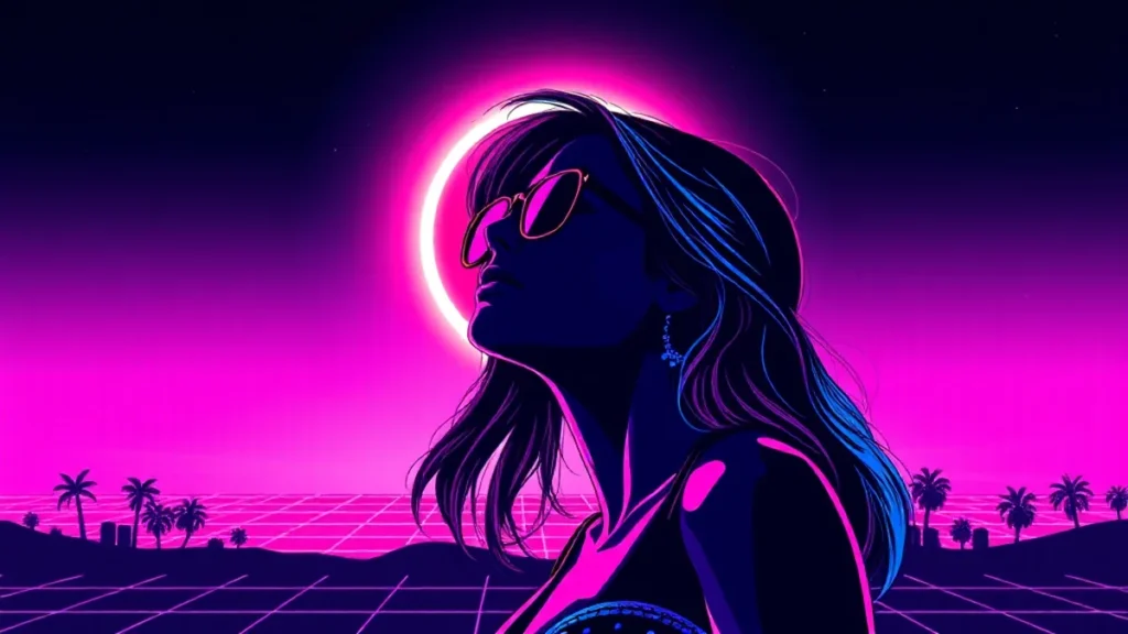 A woman observing a total solar eclipse in the night sky during Leo season.