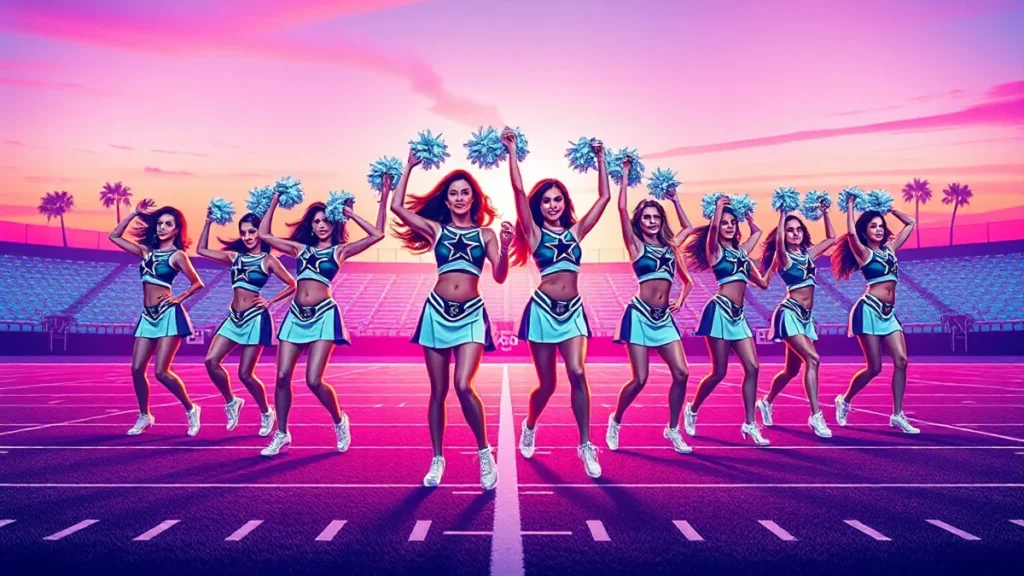 Professional Dallas Cowboys Cheerleaders in uniform performing a choreographed routine on a football field.