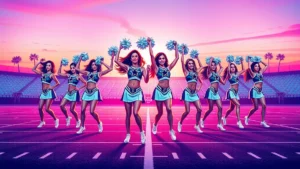 Professional Dallas Cowboys Cheerleaders in uniform performing a choreographed routine on a football field.